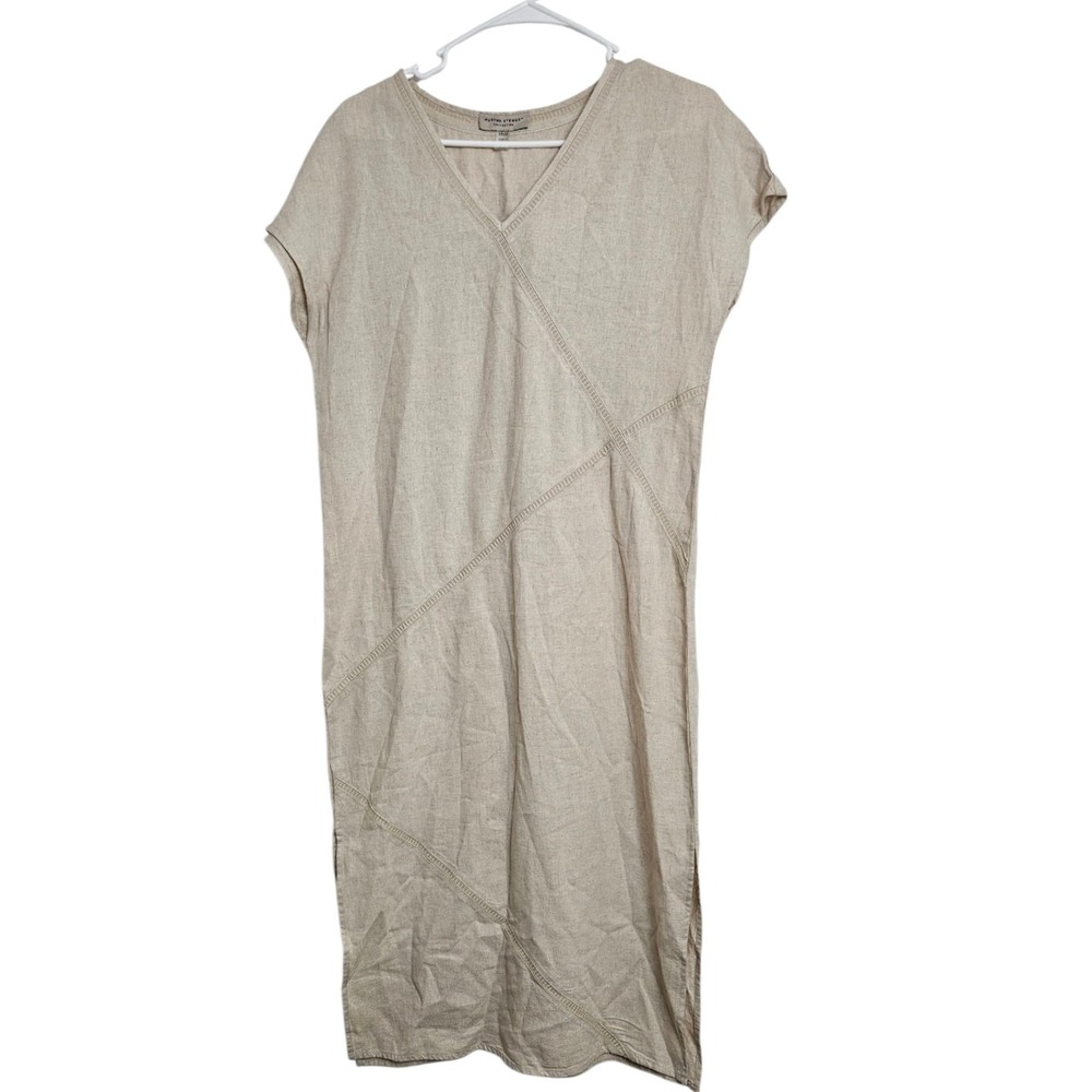 Martha Stewart Midi Dress Size S Linen Blend Beige Nuetral Lagenlook Minimalist